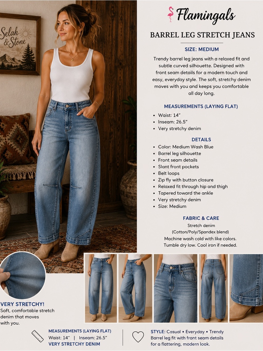 Flamingals Medium Wash Blue Barrel Leg Stretch Jeans - Women